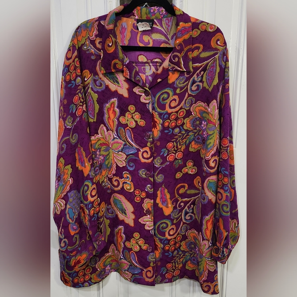 Maggie Barnes Purple Floral Button Down Blouse Women's Size 30EW